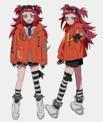  1girl absurdres anchor_earrings animal_ear_headband asymmetrical_legwear black_gloves black_shorts blue_eyes blunt_bangs coat drawstring earrings fingerless_gloves flipped_hair full_body gloves grey_shirt headband highres hood hooded_coat hyow jewelry long_hair looking_at_viewer multiple_views necktie orange_coat original red_hair sharp_teeth shirt shoes short_bangs short_eyebrows short_necktie short_shorts shorts simple_background single_earring sketch socks striped_clothes striped_socks teeth twintails two_side_up uneven_legwear white_background white_shoes 