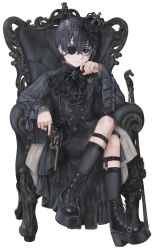  1boy absurdres ankle_boots armchair artist_name bishounen black_boots black_bow black_bowtie black_crown black_flower black_gemstone black_hair black_nails black_rose black_shirt black_shorts black_socks black_theme blue_eyes boots bow bowtie buttons cane chain chair child ciel_phantomhive closed_mouth crossed_legs crown earrings elbow_rest eyepatch finger_on_trigger fishnet_veil flower frilled_shirt_collar frills gem gold_ring gun hair_between_eyes hand_to_own_mouth highres holding holding_gun holding_weapon invisible_floor jewelry kuroshitsuji lace-up_boots legwear_garter looking_at_viewer male_focus on_chair revolver ring rose shirt shoe_belt short_hair shorts simica simple_background sitting skull socks solo stud_earrings upturned_eyes v-shaped_eyebrows weapon white_background wide_sleeves 
