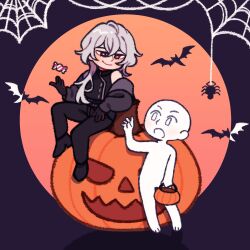  1boy 1other a_date_with_death bat_(animal) black_eyes black_gloves black_shirt bug candy casper_(a_date_with_death) chibi chibi_only elbow_rest food full_body gloves grey_jacket highres jacket jacket_partially_removed jellyfish_cut knee_up muscular muscular_male official_art promotional_art pumpkin shirt short_hair silk sitting sleeveless sleeveless_shirt smile spider spider_web viewer_self-insert white_hair 