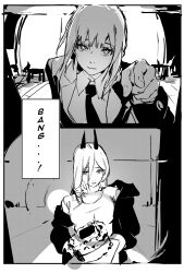  2girls cake chainsaw_man coat collared_shirt demon_girl demon_horns food greyscale hair_between_eyes highres horns jacket kuno_(runkunochan) long_hair long_hair_between_eyes makima_(chainsaw_man) monochrome multiple_girls necktie pointing power_(chainsaw_man) shirt 