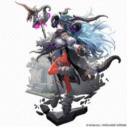  1girl absurdres artist_request blue_hair claws closed_mouth commentary company_name corruption dark_persona english_commentary fire_emblem fire_emblem_shadows full_body gradient_hair highres holding holding_staff horns leggings long_hair looking_at_viewer micaela_(fire_emblem) mixed_horns multicolored_hair multiple_horns official_art second-party_source solo staff standing standing_on_one_leg tail very_long_hair violet_eyes 