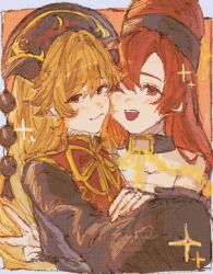  2girls :3 :d absurdres black_choker black_hat black_shirt border bow bowtie chain cheek-to-cheek choker closed_mouth curtained_hair dalachi_(headdress) hand_on_another's_arm hat heads_together hecatia_lapislazuli highres junko_(touhou) long_hair long_sleeves looking_at_viewer multiple_girls oftooon one_eye_closed open_mouth orange_background orange_hair red_eyes red_hair red_tabard shirt signature sketch sleeves_past_fingers sleeves_past_wrists smile sparkle tabard touhou underworld_(ornament) upper_body v watermark white_border yellow_bow yellow_bowtie 