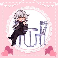  1boy a_date_with_death bistro_table black_gloves black_jacket black_shirt casper_(a_date_with_death) chair closed_eyes crossed_legs elbow_rest full_body gloves hair_over_shoulder heart highres holding_own_hand jacket jacket_partially_removed jellyfish_cut lace male_focus official_art open_mouth promotional_art red_eyes shirt sitting sleeveless sleeveless_shirt solo sweatdrop white_hair 