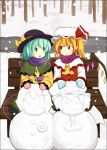  bench fang flandre_scarlet hatomaru highres komeiji_koishi komeiji_satori mittens multiple_girls remilia_scarlet scarf sitting snow snowman touhou 