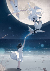  2boys 2girls :d arm_up beach belt black_belt black_hair black_pantyhose black_sandals black_shoes black_vest blue_eyes clear_sky commentary_request dress driftwood elbow_gloves flying full_moon giving gloves glowing hat highres horizon lens_flare long_hair medium_hair moon multiple_boys multiple_girls night night_sky ocean open_mouth original outdoors pantyhose profile puffy_short_sleeves puffy_shorts puffy_sleeves reaching sandals shirt shoes shore short_hair short_sleeves shorts shorts_under_skirt sky smile sparkle standing star_(sky) starry_sky t-pose tiptoes upside-down very_long_hair vest wakuseiy white_dress white_gloves white_hair white_hat white_shirt white_shorts wizard_hat 