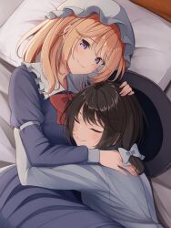  2girls bed black_hat blonde_hair blush bow bowtie brown_hair closed_eyes collar collared_dress commentary_request cowboy_shot dress frilled_collar frills from_side fumei_(mugendai) hair_bow hand_in_another&#039;s_hair hand_on_another&#039;s_back hand_on_another&#039;s_head hat head_on_pillow highres hug long_sleeves lying maribel_hearn medium_hair mob_cap multiple_girls on_back on_bed pillow purple_dress red_bow red_bowtie shirt sleeve_cuffs smile touhou unworn_hat unworn_headwear upper_body usami_renko violet_eyes white_hat white_shirt yuri 