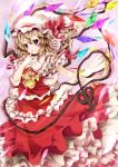  absurdres ascot blonde_hair blush choker dress finger_to_mouth fingernails flandre_scarlet frilled_dress frills hat hat_ribbon highres laevatein multicolored_eyes nail_polish nironiro ribbon side_ponytail smile solo the_embodiment_of_scarlet_devil touhou weapon wings 