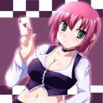  breasts card choker cleavage croupier dutch_angle green_eyes holding holding_card jun_(aoerm) large_breasts navel pink_hair playing_card rio rio_rollins solo super_blackjack 