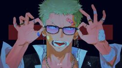  1boy absurdres adjusting_eyewear arms_up bandaged_wrist bandages bandaid bandaid_on_face bandaid_on_forehead bird2120rm black-framed_eyewear character_name collared_shirt commentary_request gauze gauze_on_hand glasses green_hair highres jewelry korean_commentary looking_to_the_side male_focus multiple_rings necklace one_piece open_collar open_mouth popped_collar ring roronoa_zoro sanpaku shirt short_hair solo teeth white_shirt 