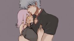  1boy 1girl affectionate blush closed_eyes closed_mouth couple cuddling gintama hand_on_another&#039;s_face highres hug implied_forehead_kiss messy_hair oc_x_canon pink_hair sakata_gintoki short_hair surprise_hug surprised tall_male upper_body yellow_eyes 