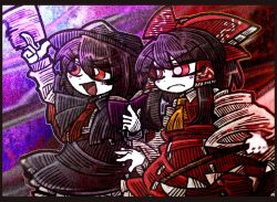  2girls :d amulet ascot belt black_capelet black_hair black_hat black_skirt blush_stickers book bow brown_belt brown_hair capelet collar detached_sleeves frown gohei hair_bow hair_tubes hakurei_reimu hat holding holding_book holding_gohei long_sleeves medium_hair multiple_girls necktie red_bow red_eyes red_shirt red_skirt shirt short_hair skirt sleeve_cuffs smile socks suenari_(peace) touhou usami_renko white_collar white_shirt white_sleeves white_socks yellow_ascot 