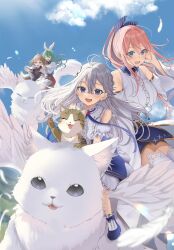  4girls :d ^_^ absurdres animal animal_ears blue_eyes blue_ribbon blue_shoes blue_skirt blue_sky blurry blurry_background blush breasts brown_eyes brown_hair capelet cat center_frills closed_eyes clouds collared_shirt commentary_request day depth_of_field diagonal-striped_ribbon dress_shirt feathers flying frills green_hair grey_hair hair_between_eyes hair_ribbon hamu_(plot_sy) highres long_hair medium_breasts multiple_girls original outdoors pink_hair puffy_short_sleeves puffy_sleeves purple_shirt rabbit_ears red_skirt ribbon shirt shoes short_sleeves skirt sky sleeveless sleeveless_shirt small_sweatdrop smile socks sweat very_long_hair violet_eyes white_capelet white_cat white_feathers white_shirt white_socks winged_animal 