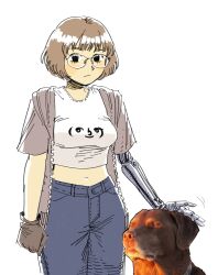  1girl blue_pants brown_hair cowboy_shot denim dog full-length_zipper glasses gloves heidi_(heytherenrds) highres jacket jeans lenny_face medium_hair midriff navel open_clothes open_jacket original pants petting photo_inset prosthesis prosthetic_arm short_hair simple_background white_background zipper 