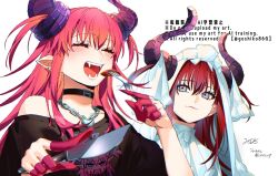  2025 2girls artist_name asymmetrical_horns black_choker black_shirt blue_eyes chain chain_necklace choker closed_eyes closed_mouth ear_piercing eating elizabeth_bathory_(avenger)_(fate) elizabeth_bathory_(perfect)_(first_ascension)_(fate) english_text fangs fate/grand_order fate_(series) goshiko86g happy heart heart_necklace horns jewelry long_hair looking_at_another multiple_girls neck_ribbon necklace open_mouth piercing pink_hair red_hair ribbon shirt sidelocks single_off_shoulder smile uneven_horns veil white_headdress white_veil 