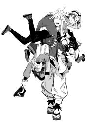  2boys 2girls carrying carrying_multiple_people carrying_over_shoulder carrying_person carrying_under_arm coat gloves greyscale gwynn_(pokemon) harmony_(pokemon) hat highres ivor_(pokemon) long_hair mole monochrome multiple_boys multiple_girls open_mouth paxton_(pokemon) pokemon pokemon_legends:_z-a sandals short_hair simple_background smile white_background zizi_(azusako3) 