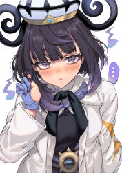  1girl belt black_dress black_hair blush bob_cut coat dress gloves gwynn_(pokemon) hat highres kayanogura long_sleeves looking_at_viewer o-ring o-ring_belt open_clothes open_coat open_mouth partially_fingerless_gloves playing_with_own_hair pokemon pokemon_legends:_z-a purple_hair short_hair solo speech_bubble violet_eyes white_coat 
