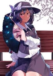  1girl absurdres bench black_capelet black_eyes black_hair black_hat black_skirt bow capelet collar hair_between_eyes hand_on_bench hand_rest hat hat_bow highres holding holding_umbrella leaf long_sleeves looking_at_viewer muraryo nail_polish on_bench red_nails shirt short_hair simple_background sitting skirt sleeve_cuffs smile solo space touhou umbrella usami_renko white_bow white_collar white_shirt 