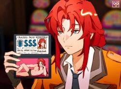  1boy ao_no_kiseki artist_logo badge blue_eyes blue_necktie bluemishelam briefs coat curtained_hair eiyuu_densetsu english_commentary english_text fingerless_gloves gloves highres holding_badge logo long_hair male_focus male_underwear necktie nude parted_bangs police_badge randolph_orlando red_hair sidelocks solo underwear 