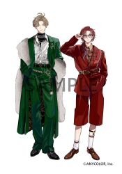  2boys adjusting_eyewear antenna_hair belt belt_buckle black_belt black_nails black_shirt black_shoes brown_hair brown_shirt brown_shoes buckle capri_pants closed_mouth coat copyright_notice cross-laced_shoes curtained_hair dress_shoes earrings expressionless fashion feather_boa full_body green_coat green_eyes green_pants hair_over_one_eye hair_over_shoulder hand_in_pocket hand_on_eyewear hands_in_pockets jacket jewelry keiko_(um7mr1) key key_necklace lapel_pin lapels lauren_iroas legwear_garter long_hair long_sleeves looking_at_viewer low_ponytail male_focus mole mole_under_eye multiple_boys multiple_necklaces nail_polish necklace nijisanji o-ring o-ring_belt official_art oliver_evans open_clothes open_coat open_collar pants parted_bangs patterned_clothing peaked_lapels pearl_necklace plaid_clothes plaid_lapels plaid_shirt pocket_watch ponytail print_shirt red_belt red_hair red_jacket red_pants sample_watermark shirt shirt_tucked_in shoes short_hair side-by-side simple_background single_earring smile socks standing straight-on suit_jacket sunglasses turtleneck turtleneck_shirt two-sided_coat two-sided_fabric undershirt virtual_youtuber wallet_chain watch watermark white_background white_shirt white_socks 
