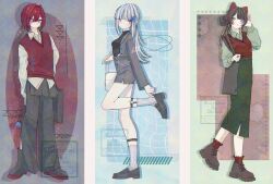  3girls adjusting_footwear adversarial_noise alternate_costume ange_katrina animal_ears ankle_boots artist_name bag black_shirt black_shoes blue_flower blue_nails blue_rose blush bobby_socks boots breasts brown_hair brown_shoes closed_mouth collared_shirt color_coordination column_lineup commentary_request cropped_jacket dog_ears drop_shadow flower full_body green_shirt green_skirt grey_bag grey_boots grey_eyes grey_jacket grey_overskirt grey_pants grey_skirt hair_bun hair_intakes hair_ornament heterochromia high-waist_skirt highres holding holding_bag holding_flower inui_toko jacket lapels leg_up legwear_garter lize_helesta long_hair long_legs long_skirt long_sleeves medium_hair miniskirt multicolored_eyes multiple_girls nail_polish nijisanji no_tail notched_lapels open_clothes open_jacket pants pantsleg_zipper pencil_skirt pinstripe_pattern pinstripe_shirt pleated_skirt puffy_long_sleeves puffy_sleeves red_eyes red_hair red_socks red_sweater_vest rose sanbaka_(nijisanji) shirai-000 shirt shoes shoulder_bag sidelocks skirt small_breasts smile socks standing standing_on_one_leg sweater_vest two-tone_eyes violet_eyes virtual_youtuber watermark white_bag white_hair white_shirt white_socks yellow_eyes 