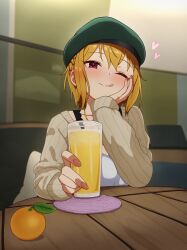  1girl :q absurdres beret blonde_hair blush braid closed_mouth cup drink fingernails food fruit green_hat hand_on_own_face hat head_rest heart highres holding holding_cup ibuki_tsubasa idolmaster idolmaster_million_live! indoors long_sleeves looking_at_viewer milliani nail_polish official_alternate_hairstyle one_eye_closed orange_(fruit) pink_hair pink_nails restaurant short_hair sitting smile solo sweater table tongue tongue_out 