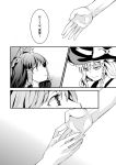  2girls braid close-up comic face hair_bow hair_tubes hakurei_reimu hat hat_bow japanese_clothes kirisame_marisa long_hair miko monochrome outstretched_hand side_braid smile surprised tomasu touhou translated translation_request witch_hat 