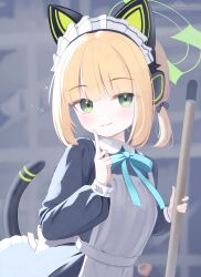  1girl :3 animal_ear_headphones animal_ears apron aqua_bow aqua_bowtie black_bow black_dress black_tail blonde_hair blue_archive blunt_bangs blurry blurry_background blush bow bowtie breasts broom cat_ear_headphones cat_ears cat_tail closed_mouth collared_dress commentary contrast_collar dress fake_animal_ears fake_tail gaarya green_eyes green_halo hair_bow halo hand_up headphones highres holding holding_broom index_finger_raised long_sleeves looking_at_viewer maid maid_apron maid_headdress midori_(blue_archive) midori_(maid)_(blue_archive) official_alternate_costume official_alternate_hairstyle ponytail puffy_long_sleeves puffy_sleeves short_hair short_ponytail sidelocks small_breasts smile solo sparkle symbol_in_eye tail tail_raised upper_body virtual_pet_(toy) white_apron white_headdress 