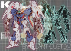  absurdres beam_cannon byalant byalant_custom cable character_name claws earth_federation english_text green_visor grid_background gundam gundam_unicorn highres katoki_hajime machinery mecha mecha_focus mobile_suit multiple_views no_humans promotional_art robot science_fiction 