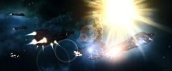  absurdres amarr_empire_(eve_online) artist_name building clouds commentary drifters_(eve_online) english_commentary eve_online fire fleet flying glowing highres lens_flare nebula outdoors realistic scenery space space_station spacecraft star_(sky) starry_sky_background thrusters vankaiser 