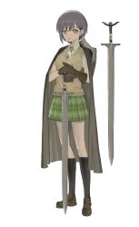  1girl absurdres anli_(jwcpp4sum0mgk5r) bang_dream! bang_dream!_it&#039;s_mygo!!!!! black_cape black_socks brown_eyes brown_gloves brown_shoes brown_sweater_vest cape chinese_commentary commentary_request gloves green_skirt grey_hair haneoka_school_uniform highres kneehighs loafers open_mouth pleated_skirt school_uniform shirt shoes short_hair simple_background single_glove skirt socks solo standing sweater_vest sword takamatsu_tomori weapon white_background white_shirt 