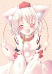  absurdres animal_ears blush closed_eyes collar detached_sleeves eyes_closed hat heart highres inubashiri_momiji leash meiya_neon open_mouth short_hair smile solo tail tokin_hat touhou white_hair wolf_ears wolf_tail 