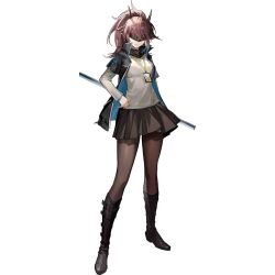  1girl arknights arm_at_side blindfold_mask brown_hair brown_pantyhose covered_eyes full_body hand_on_own_hip holding holding_sword holding_weapon horns id_card kang_yiqian_(self_cultivation) katana layered_sleeves long_hair long_sleeves mask masked official_art pantyhose rhodes_island_uniform scabbard sheath sheathed short_over_long_sleeves short_sleeves simple_background skirt solo standing sword tachi-e third-party_source transparent_background weapon yato_(arknights) 