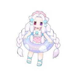  1girl blue_sandals braid chibi chibi_only closed_mouth cone_hair_bun double_bun frilled_one-piece_swimsuit frills full_body hair_bun heterochromia holding holding_swim_ring innertube long_hair looking_at_viewer official_art one-piece_swimsuit pink_one-piece_swimsuit pope_(ragnarok_online) ragnarok_online red_eyes sandals simple_background smile solo swim_ring swimsuit transparent_background twin_braids very_long_hair violet_eyes white_hair yuichirou 