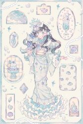  1girl artist_name bead_necklace beads black_hair blue_eyes blush border bubble charm_(object) closed_mouth commentary_request conch coral_hair_ornament cup dessert fins fish food full_body gelatin green_kimono hair_ornament head_fins holding holding_cup ice_cream ice_cream_cone ice_cream_float japanese_clothes jellyfish jewelry kimono long_hair long_sleeves looking_at_viewer necklace obi obijime original parfait picture_frame ryokuno_green sash seashell shell shell_hair_ornament smile solo standing star_(symbol) watermark wavy_hair whipped_cream window 