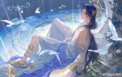  1boy absurdres analog_clock ancient_greek_clothes angel angel_wings anklet arm_cutout armlet astronomical_clock balance_scale bare_shoulders bird blue_eyes blue_flower blue_hair blue_rose blue_sash bracelet bracer braid cancer_(symbol) chinese_commentary christmas_star clarence_clayden clock clothing_cutout constellation curtained_hair dove feathered_wings flower frown full_body gemini_(symbol) gold_armlet gold_bracelet gold_shoes greco-roman_clothes halo halo_behind_head highres himation jewelry laurel_crown leaf_bracelet leo_(symbol) libra_(constellation) long_hair looking_at_viewer lovebrush_chronicles male_focus mole mole_under_eye parted_bangs parted_lips pillar plant puffy_short_sleeves puffy_sleeves robe rose sash shoes short_sleeves side_braid sideways_glance sitting smile solo spiked_halo spread_legs star_(symbol) taurus_(symbol) toga too_ko vines watermark weibo_watermark weighing_scale white_flower white_robe white_rose white_wings wings 