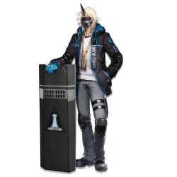  1boy arknights belt black_belt black_jacket blonde_hair blue_gloves faceless faceless_male full_body gloves hand_in_pocket hand_up hood hood_down hooded_jacket horns id_card jacket knee_pads lanyard long_sleeves male_focus mask masked noir_corne_(arknights) official_art open_clothes open_jacket rhodes_island_logo_(arknights) rhodes_island_uniform ryuuzaki_ichi shield simple_background single_horn solo standing tachi-e thigh_belt thigh_strap third-party_source transparent_background 