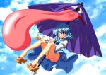  absurdres blue_eyes blue_hair geta heterochromia highres karakasa karakasa_obake madare-rin madare_rin no_panties no_socks oriental_umbrella red_eyes short_hair solo tatara_kogasa tongue touhou umbrella 