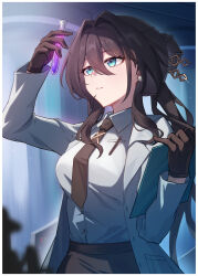  1girl absurdres black_hair black_necktie blouse blue_eyes buttons chemical_structure chinese_commentary clipboard coat collared_shirt commentary doctor flask formal_clothes hair_between_eyes highres holding holding_clipboard holding_test_tube honkai:_star_rail honkai_(series) lab_coat long_hair long_sleeves necktie open_clothes open_coat pen ruan_mei_(honkai:_star_rail) shirt short_necktie suit test_tube white_coat yunmo_(znfc8352) 