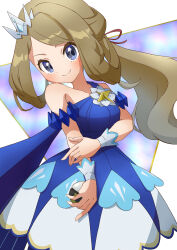  1girl absurdres blue_dress blue_eyes blush brown_hair closed_mouth crown dress highres holding holding_poke_ball long_hair looking_at_viewer master_ball official_alternate_costume poke_ball pokemon pokemon_masters_ex pokemon_xy ponytail refisa serena_(champion)_(pokemon) serena_(pokemon) smile solo 