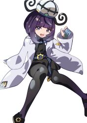  1girl :d black_dress black_pantyhose blue_gloves blunt_bangs bob_cut coat dress gloves gwynn_(pokemon) hat highres long_sleeves looking_at_viewer mega_stone mikan_(mikan_no_happa) open_clothes open_coat open_mouth pantyhose partially_fingerless_gloves pokemon pokemon_legends:_z-a short_hair smile solo white_background white_coat 