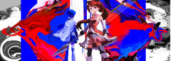  2girls abstract_background absurdres bare_shoulders black_bow black_thighhighs black_wrist_cuffs blue_hair blue_skirt boots bow cape closed_mouth detached_sleeves frilled_shirt frills hair_bow highres holding holding_polearm holding_weapon knee_boots long_hair looking_at_viewer magical_girl mahou_shoujo_madoka_magica miki_sayaka miki_sayaka_(magical_girl) multiple_girls pinosan pleated_skirt polearm ponytail red_boots red_eyes red_hair red_shirt red_skirt sakura_kyoko sakura_kyoko_(magical_girl) shirt short_hair skirt thigh-highs weapon white_cape wrist_cuffs 