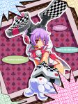  all_fours carrot character_request cosmic_break dice engrish gloves headset highres lennylop pointing purple_hair ranguage red_eyes renny_lop robot_ears short_hair ska solo speech_bubble tongue tongue_out 