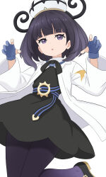  1girl :o absurdres belt belt_buckle black_dress black_hair black_shoes blunt_bangs bob_cut buckle coat dress ghost_pose gloves gwynn_(pokemon) hashtag-only_commentary hat highres ka2ya_aaa leg_up long_sleeves looking_at_viewer o-ring o-ring_belt open_clothes open_coat open_mouth pantyhose partially_fingerless_gloves pokemon pokemon_legends:_z-a purple_pantyhose shoes short_hair simple_background solo violet_eyes white_background white_coat 