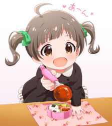  1girl aged_down ahoge bow brown_dress brown_eyes brown_hair dress food fork goma_konbu green_bow hair_bow hakozaki_serika highres holding holding_fork idolmaster idolmaster_million_live! incoming_food long_sleeves meatball multiple_hair_bows open_mouth short_hair smile solo twintails 