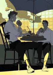  2boys aircraft alternate_universe bandages black_hair broken_glass brown_hair building burger chair chewing collared_shirt commentary_request cup dingnin98201637 disposable_cup drinking_straw eating facial_hair feet_out_of_frame food gauze gauze_on_cheek glass grey_hair gun hair_slicked_back helicopter highres holding holding_burger holding_food holster injury male_focus marvel miguel_o&#039;hara mixed-language_commentary multicolored_hair multiple_boys one_eye_closed open_collar pants peter_b_parker shirt sitting smoke spider-man:_across_the_spider-verse spider-man_(series) spider-verse streaked_hair umbrella weapon white_shirt 