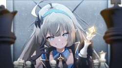  1girl absurdres ahoge black_dress black_gloves black_ribbon blue_collar blue_eyes board_game chess chess_piece collar dress female_tyrant_(stella_sora) gloves grey_hair hair_ornament hairband hand_on_own_face highres holding holding_chess_piece light_particles light_smile long_hair looking_at_viewer neck_ribbon pointy_ears ribbon sanami_(sanami_t_38) smile stella_sora throne tyrant_(stella_sora) 
