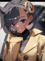  1girl black_hair blush bodysuit brown_coat coat dark-skinned_female dark_skin emma_(pokemon) hair_ornament highres looking_at_viewer mega_stone pokemon pokemon_legends:_z-a short_hair smile twitter_username tyotto22 violet_eyes 