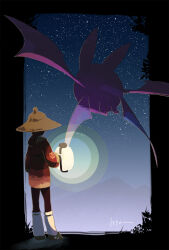  1other bat_(animal) black_border black_pantyhose border coat crobat facing_away flying full_body galaxy_expedition_team_survey_corps_uniform hat highres holding holding_lantern isutai lantern leg_warmers night night_sky outdoors pantyhose pokemon pokemon_(creature) red_coat sandals simple_background sky standing straw_hat white_leg_warmers wings 