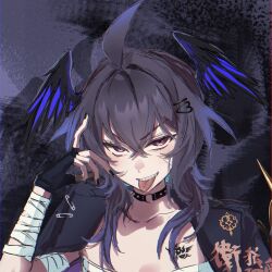  1girl ahoge alternate_costume bandaged_arm bandages black_nails braces chest_sarashi chest_tattoo choker delinquent english_commentary enna_alouette enna_alouette_(decora) hair_between_eyes hair_ornament head_wings heart heart_hair_ornament highres jacket jacket_on_shoulders looking_at_viewer medium_hair nijisanji nijisanji_en o-ring o-ring_choker piercing purple_hair sarashi sif4q6011867 solo sukeban tattoo tongue tongue_out tongue_piercing violet_eyes virtual_youtuber wings wolf_cut 