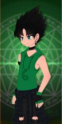 1boy bibi_le black_background black_gloves black_hair black_pants blunt_bangs butch_(ppg) choker clothes_around_waist cowboy_shot earrings fingerless_gloves gloves gradient_background green_background green_eyes green_gloves green_hoodie hands_on_own_hips hood hood_down hoodie jewelry looking_to_the_side male_focus pants parted_bangs powerpuff_girls shirt shirt_around_waist signature simple_background single_earring sleeveless smile solo spiky_hair 